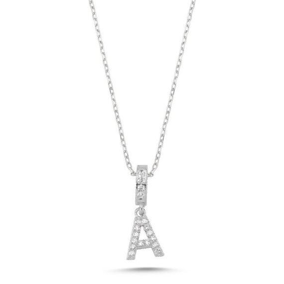Initial CZ Sterling Silver Necklace Initial Pendant Letter