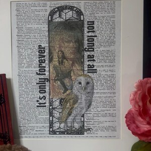May include: Framed artwork featuring a collage of vintage dictionary pages. The artwork includes a drawing of an owl and a person, with the phrases "It's only forever" and "not long at all" in black text. The artwork is in a white frame.