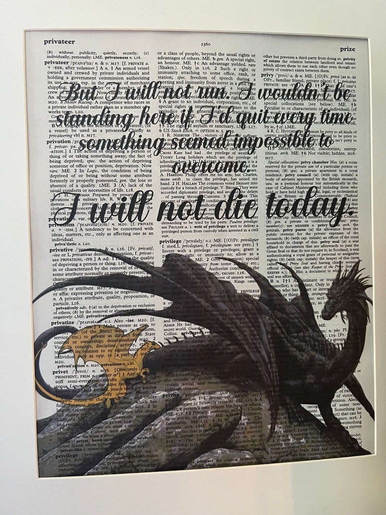K&ouml;nnte beinhalten: Ein Schwarzwei&szlig;bild eines Drachen mit ausgebreiteten Fl&uuml;geln. Der Drache sitzt auf einem Felsen, im Hintergrund ist eine W&ouml;rterbuchseite zu sehen. Die W&ouml;rterbuchseite enth&auml;lt das Wort "privateer" und den Satz "Ich werde heute nicht sterben".