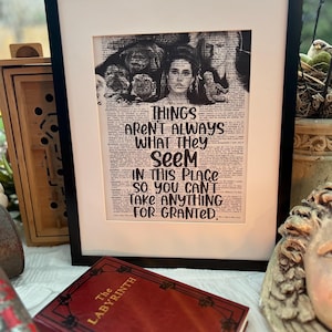 May include: A black framed print with a quote from the movie Labyrinth. The quote reads "Things aren't always what they seem in this place so you can't take anything for granted."