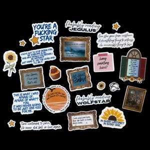 May include: A collection of stickers with various designs and text on a black background. Designs include framed paintings, sunflowers, and phrases like "Art Heist Baby!" and "You're a Fucking Star."