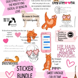 Puede incluir: Un paquete de pegatinas con varios diseños, incluyendo una calavera con gafas de sol en forma de corazón, gatos naranjas y citas de texto. Las pegatinas tienen un esquema de color rosa y blanco, con frases como "Sweet Vintage Collective."