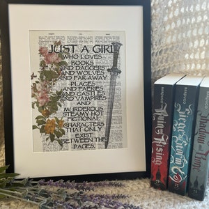 Just a Girl, Dragon, Bookish, Vintage print , Dictionary Print, Vintage Print, Book art, Book, Reading, bookish gift,