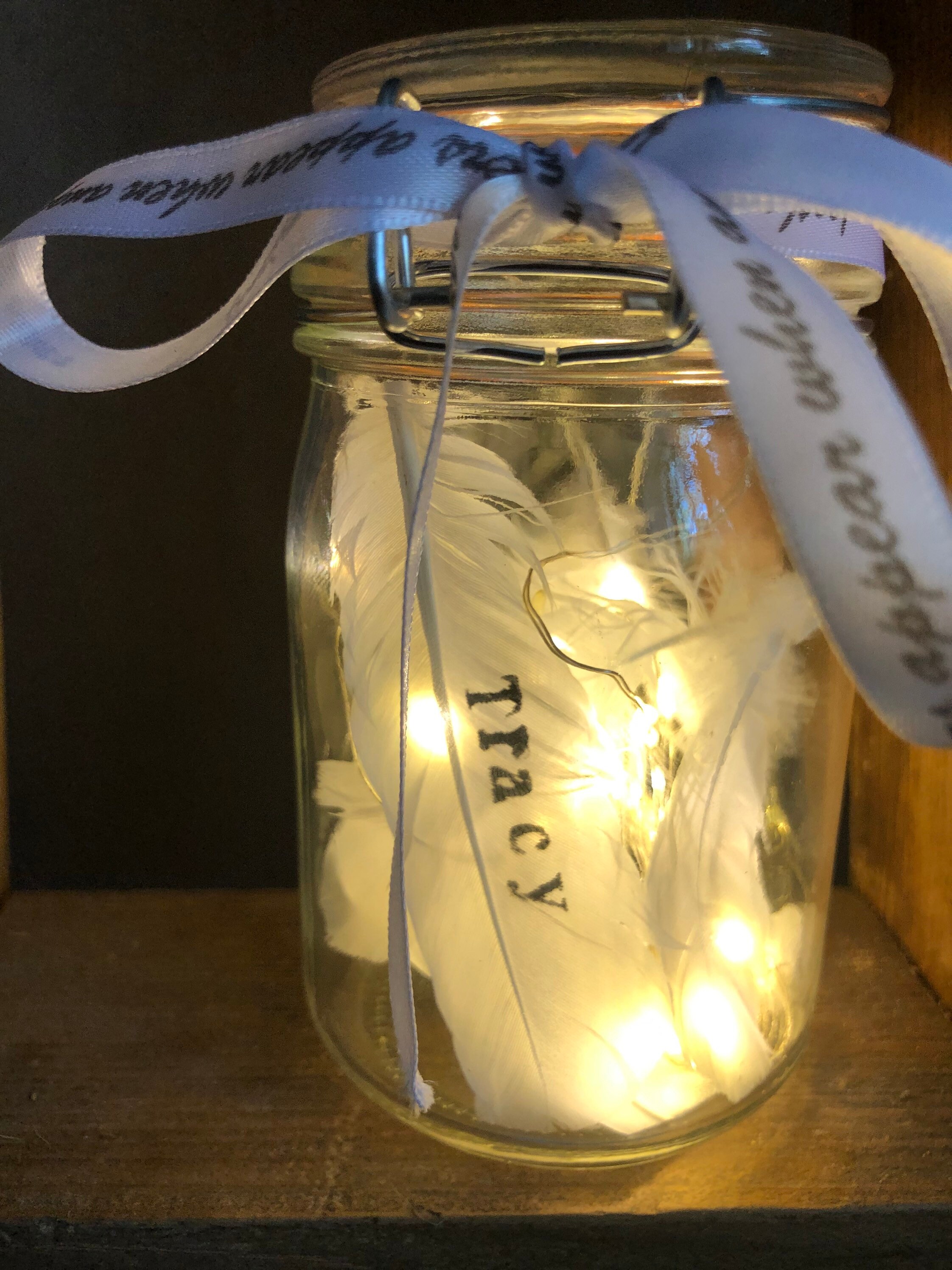 Personalised White Feather in Jar With Lights and Ribbon Etsy UK