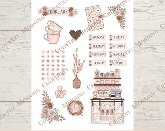 May include: Printable planner page with a coffee shop theme. The page includes a calendar for February, a to-do list, a daily planner, and a coffee shop illustration. The design features a pink and brown color scheme with floral accents.