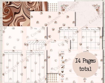 May include: A printable coffee planner journal kit with 14 pages. The pages feature a pink background with floral designs and brown coffee-themed illustrations. The text "Coffee Planner Journal Kit" and "14 Pages total" are visible on the pages.