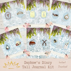 May include: A digital printable journal kit featuring a blue and white floral design. The kit includes images of a crown, a teacup, a bee, a piano, pistols, candles, a clock, and a carriage. The text "Daphne's Diary Tall Journal Kit" is at the bottom of the image.
