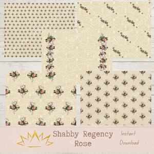 May include: Set of six digital paper patterns featuring a vintage floral design with pink roses and a damask background. The patterns are perfect for scrapbooking, card making, and other crafting projects.