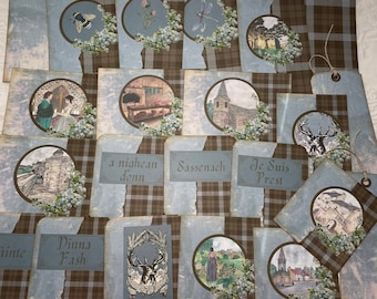 May include: A set of 16 blue and brown patterned gift tags with various designs, including a deer, a castle, a dragonfly, and text in different languages. The tags are perfect for adding a touch of rustic charm to gifts.