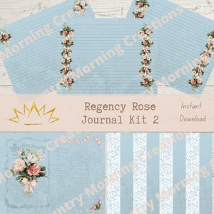 May include: A digital printable journal kit with a Regency Rose theme. The kit includes a blue and white striped background, a blue background with a floral border, and a blue background with a floral bouquet and text. The text reads "Regency Rose Journal Kit 2" and "Instant Download".