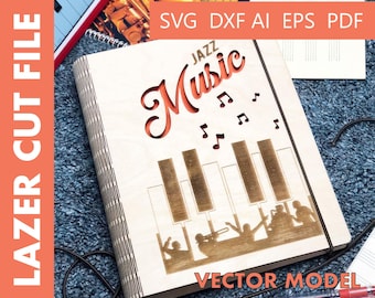 Jazz Music Notebook Cover SVG | Laser Cut Wooden Template | Musical Journal Design | Digital File for CNC and Laser