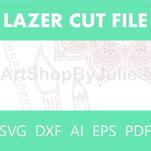 May include: A digital download of a laser cut file featuring a mandala design, a pencil, and a paintbrush. The file is available in SVG, DXF, AI, EPS, and PDF formats. LAZER CUT FILE is written in large letters at the top of the image.