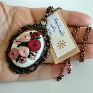 Hand Embroidered Necklace, Embroidered Flower Necklace, Floral Necklace, Gift for her, Handmade,