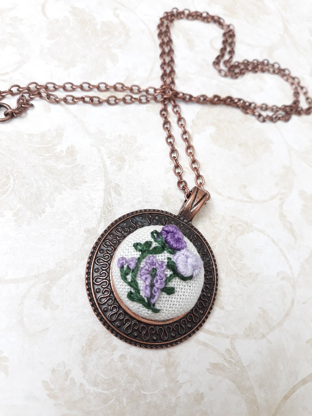 Hand Embroidered Necklace, Embroidered Flower Necklace, Floral Necklace