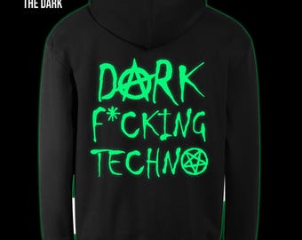 Felpa con cappuccio Dark Techno fosforescente con stampa posteriore