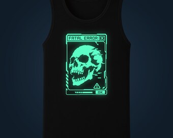 Camiseta regata masculina com estampa frontal "Erro Fatal", efeito glitch que brilha no escuro.