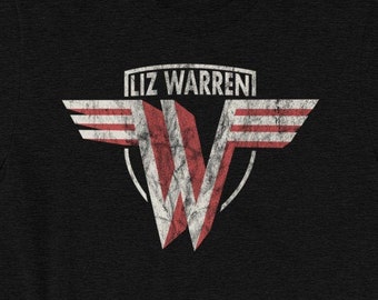 May include: Black t-shirt with a distressed red and white logo that says "Liz Warren" in a circle with wings.