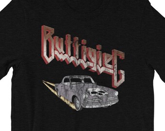 May include: A black t-shirt with a vintage-style graphic of a car and the word "Buttigieg" in red and white letters.