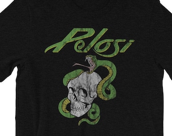 May include: Black t-shirt with a green snake wrapped around a skull and the word "Pelosi" in a stylized font.