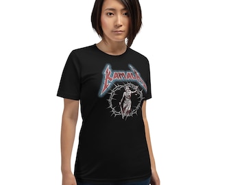 May include: Black t-shirt with a red and blue graphic of a woman holding a scale of justice in a crown of thorns. The graphic says "Kamala" in a stylized font.