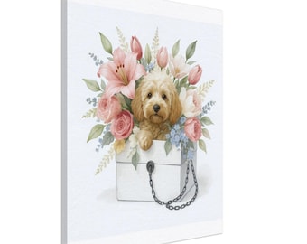 May include: Watercolor painting of a small, light brown dog peeking out of a white box filled with pink and white flowers. The box has a black clasp and a chain handle. The flowers include roses, lilies, and tulips.