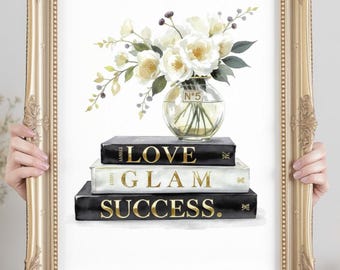 Glam Stacked Books Wall Art – Fashion Luxury Brand Digital Print – Chic Home & Vanity Décor