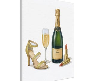 Toile encadrée en bois Fashion Glam - Bouteille de champagne, rouge à lèvres et talon