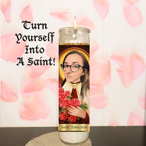 Become A Saint! Custom Saint Candle | Custom Sacred Heart Prayer Saint Candle | Your Face on a Saint Candle | OhMeSoHoly Candle
