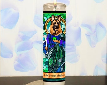 Saint German Shepherd Prayer Candle | Dog Saint Candle | Pet Saint Candle | Digitally Illustrated Art