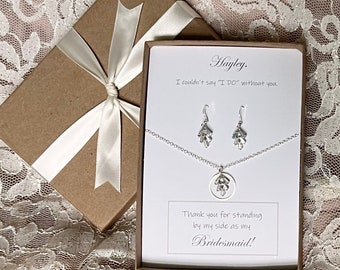 Bridesmaid Necklace and Earring Set, Sliver Tone Bridesmaid Jewelry Set, Personalized Bridesmaid Gift
