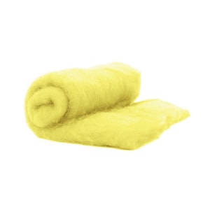 May include: A roll of yellow wool roving, a type of fiber used for felting and spinning.