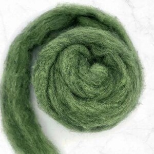 May include: A roll of green wool roving, a type of fiber used for spinning yarn or felting.