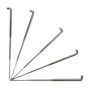 May include: Five silver knitting needles with bent tips, arranged in a fan shape on a white background.