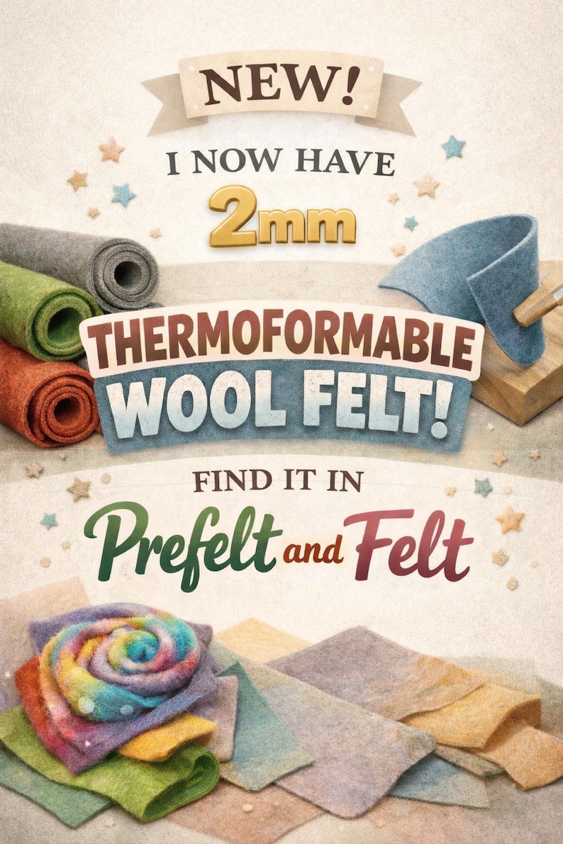 Op de afbeelding: Een collectie thermoformbaar wolvilt in diverse kleuren, inclusief rollen en platte vellen. De tekst luidt: NEW! I NOW HAVE 2mm THERMOFORMABLE WOOL FELT! FIND IT IN Prefelt and Felt. Kleine stervormen zijn verspreid over de achtergrond.