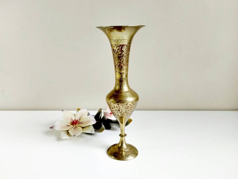Engraved Brass Bud Vase India Etched Tall Gold Vase Indian Etsy