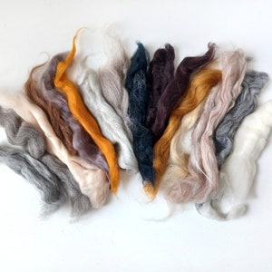 May include: A collection of different colored wool fibers, including white, gray, brown, orange, and dark blue. The fibers are arranged in a fan shape, with the white fibers at the top and the dark blue fibers at the bottom.