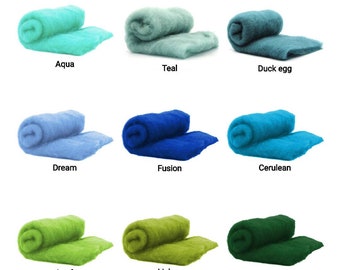May include: Nine rolls of wool roving in various shades of blue, green, and teal. The colors are labeled "Aqua", "Teal", "Duck egg", "Dream", "Fusion", "Cerulean", "Leaf", "Lichen", and "Forest".