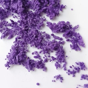 Può includere: Primo piano di materiale viola strutturato e sparso. Il materiale sembra essere piccoli grumi irregolari, forse scarti di tessuto o elementi decorativi. Lo sfondo è una superficie bianca liscia, che contrasta con il vibrante viola.