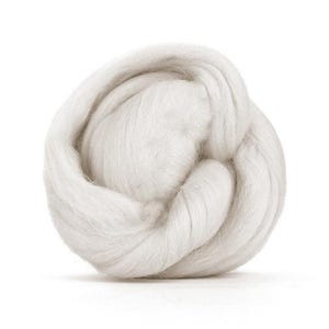May include: A close-up of a white ball of wool fibre. The wool is soft and fluffy, and it is perfect for spinning or felting.