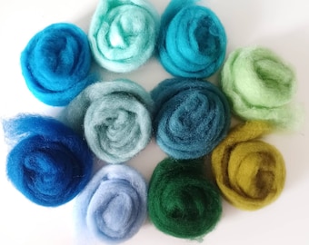 Blue Green carded wool set 100 g Felt wool batt Needle felting wool set Corriedale fleece beginner Spinning fiber Roving