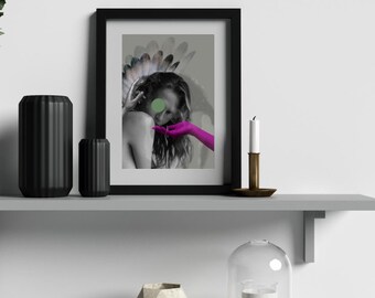 Lámina con retrato surrealista de mujer, arte mural feminista, póster surrealista oscuro, decoración ecléctica para el hogar, descarga instantánea, lámina de arte maximalista