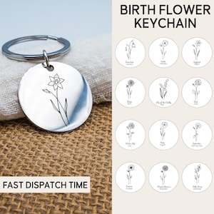 Birth Flower Keychain, Birth Month Keychain, Birth Flower Gift, Birth Flower Keyring, Gift For Her