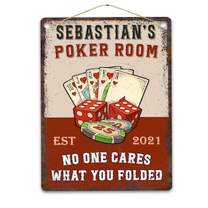 Nome vintage personalizzato Poker Room Segno in metallo, carte retrò rustiche placca in difficoltà personalizzata