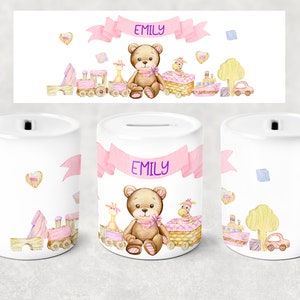 Alcancía de oso rosa personalizada para niños, caja de dinero, banco de monedas, regalo para niños