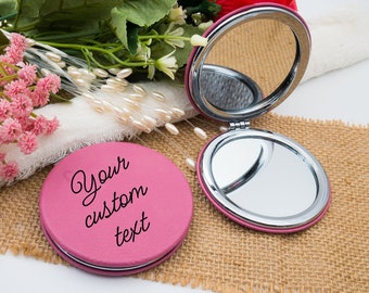 Personalized Compact Mirror - Pink Leatherette Custom Small Purse Mirror With Magnifying Mirror Suitable For Bridesmaid Or Wedding Gift