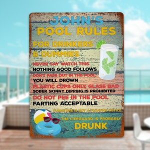 Reglas de piscina personalizadas para bebedores Letrero de metal divertido, letrero de efecto oxidado retro