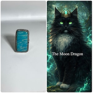 May include: A rectangular silver ring with a light blue stone. The stone has a striped pattern and is set within a twisted rope-like border. The image also features a black cat wearing a crown with the text "The Moon Dragon".