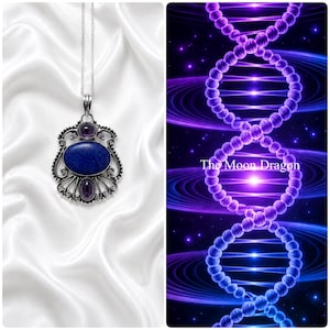 May include: A silver pendant necklace featuring a large oval blue lapis lazuli stone centered between two smaller oval purple amethyst stones, set in an ornate metal frame. The right side displays a purple DNA helix graphic with the text The Moon Dragon.