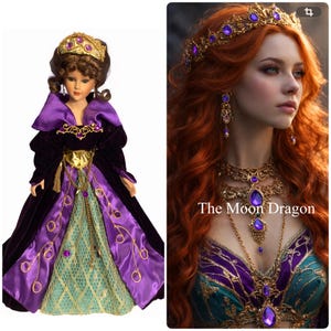 May include: A porcelain doll wearing a purple and teal gown with gold accents and a gold crown. The doll has brown hair and is posed against a white background. Next to the doll is a digital illustration of a woman with red hair wearing a gold crown and jewelry.