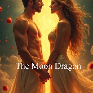 May include: Digital art depicting a man and woman facing each other, holding hands, with a bright light between them. The text "The Moon Dragon" is at the bottom. A figure with large wings is above them.